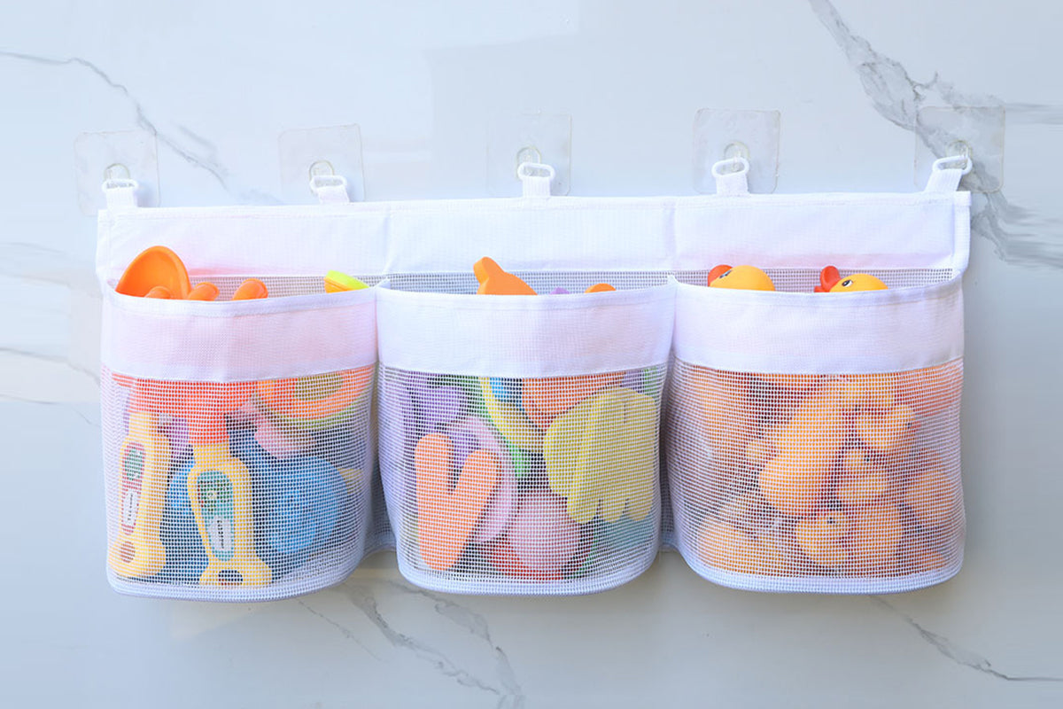 3 Compartment Horizontal Large Openings Bath Toy Organizer Hanging Mesh Shower Organizer