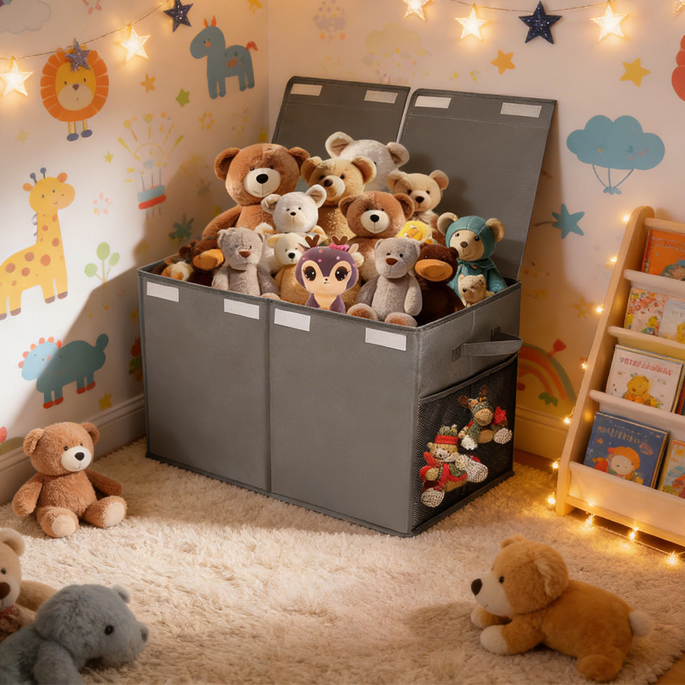 Foldable Toy Storage Organizer Box with Lid and Dividers-Grey