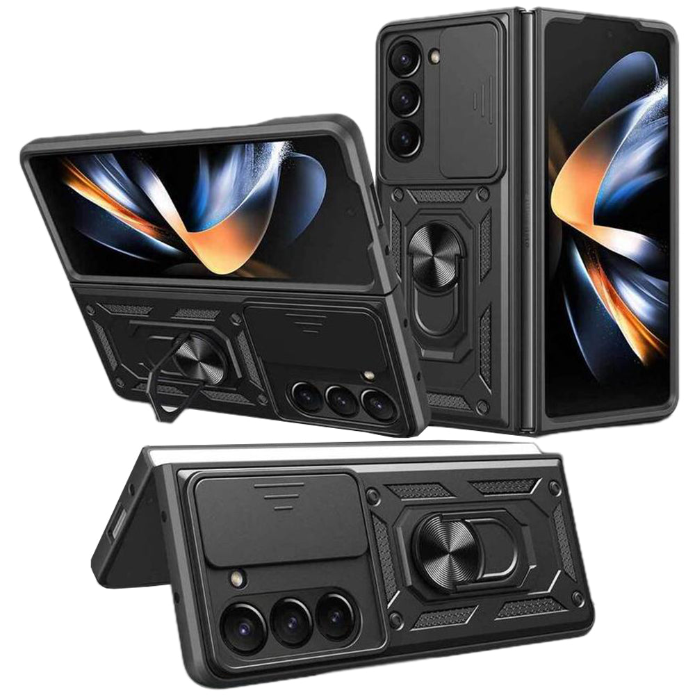 For Samsung Galaxy Z Fold Drop Protection Case Full-Body Shockproof Case with Rotating Ring Stand Black