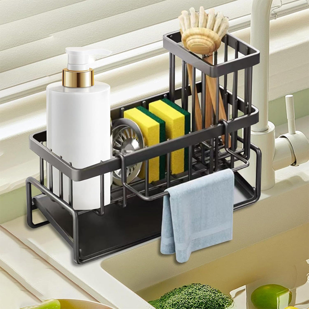 Multifunctional Carbon Steel Sink Caddy Sponge Brush Towel Organizer with Drip Tray