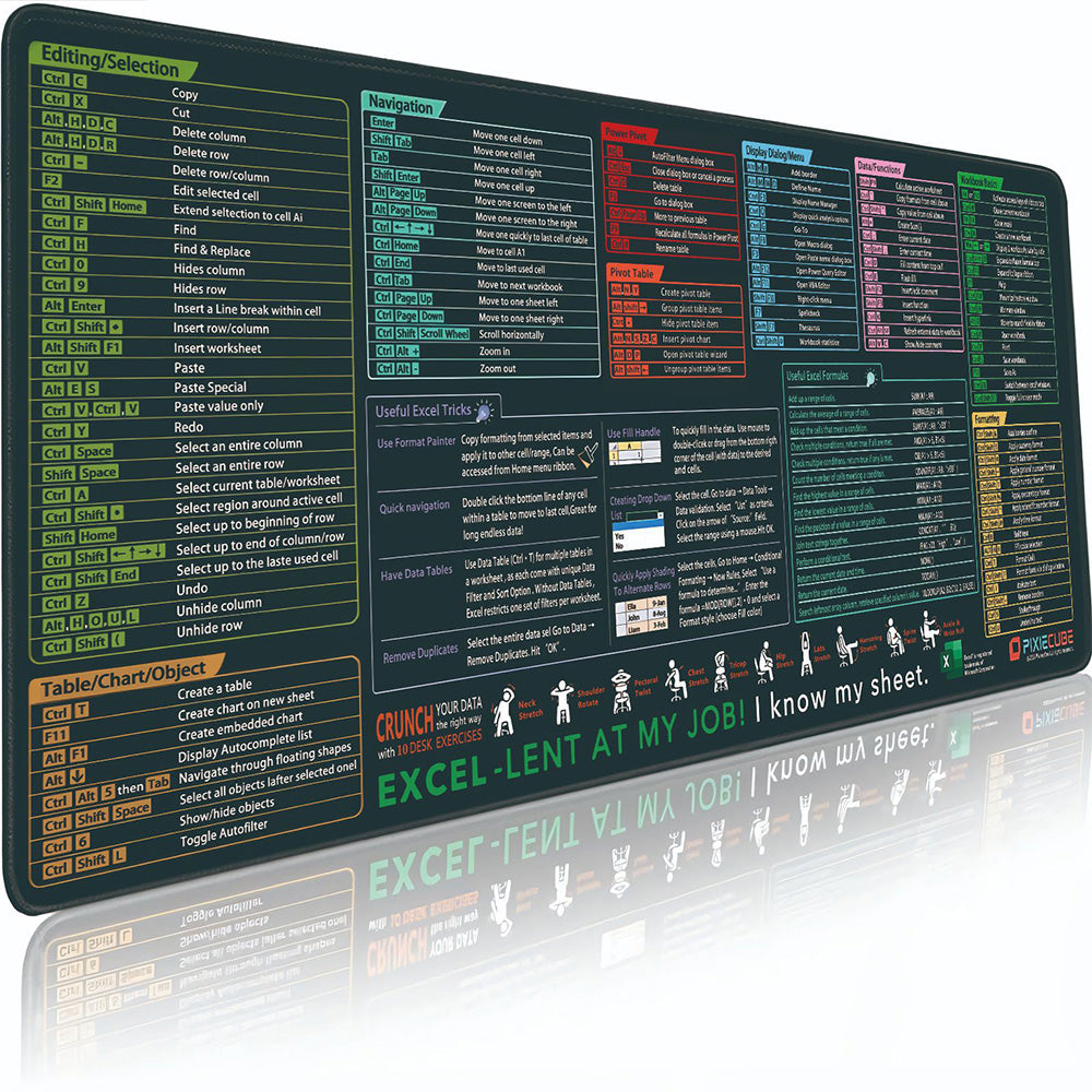 Non-Slip Excel Shortcut Keys Mouse Pad Quick Key Cheat Sheet Gaming Mousepad Office Spreadsheet Keyboard Mat