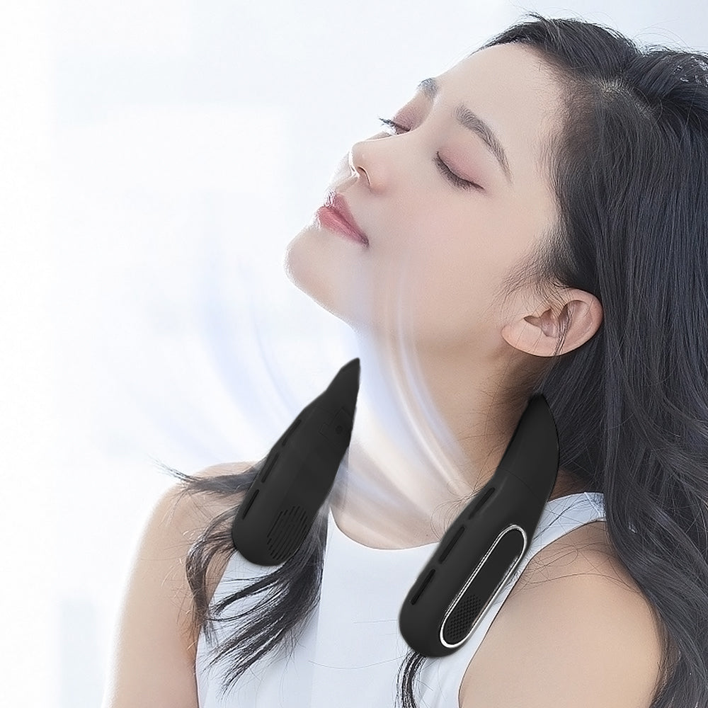 Portable Bladeless Neck Fan Foldable Hands Free Air Cooling Fan Rechargeable Black