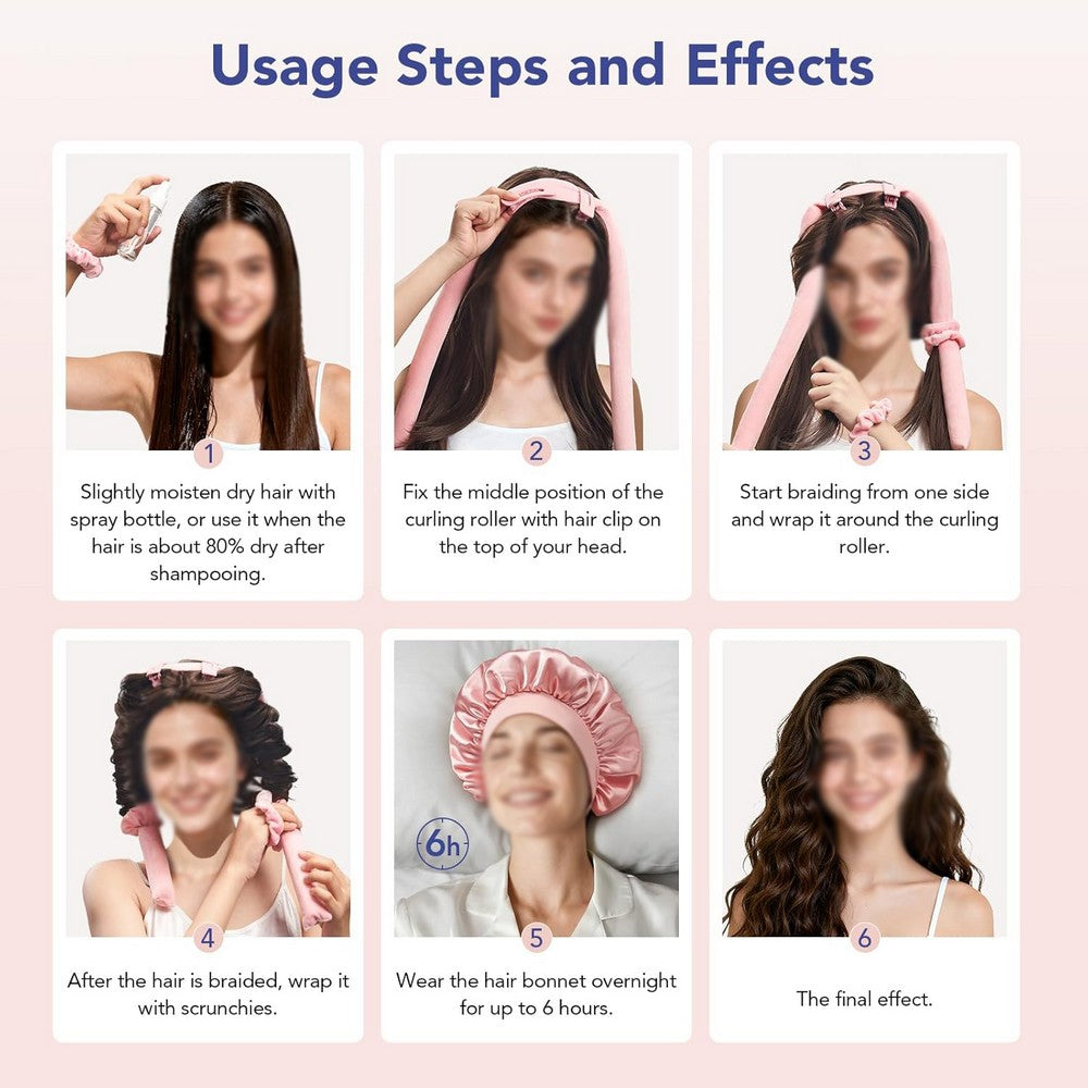 Heatless Curls Overnight 2 Sizes of Soft Hair Rollers with Scrunchies and Clips-Pink