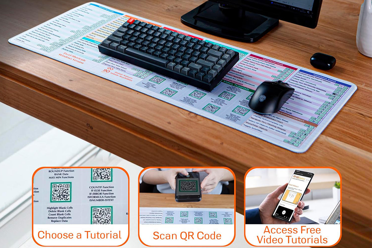 Excel Shortcut Keys Mouse Pad with QR Video Tutorials Non-Slip Excel Cheat Sheet Pad