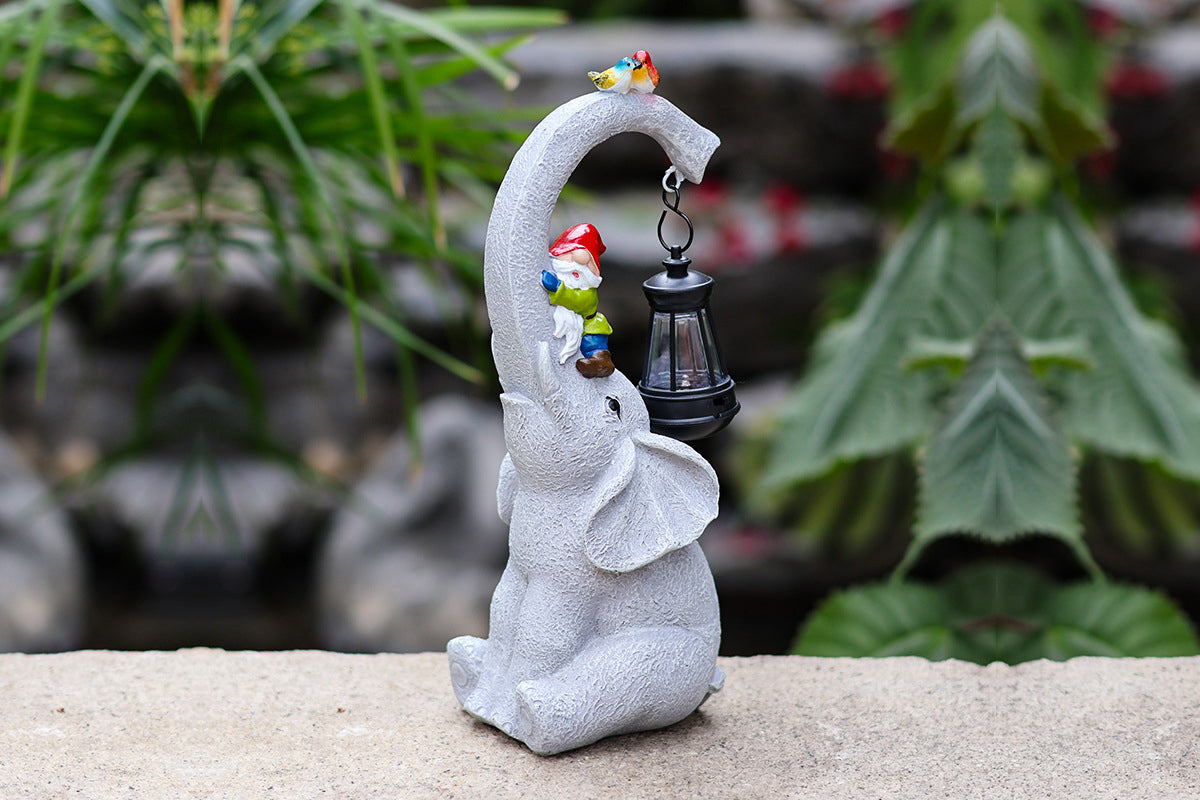 Solar Lights Garden Elephant Statue Outdoor Decor with Garden Gnome and Solar Lantern Outside Patio
