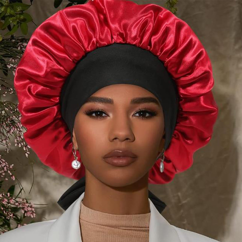 Satin Night Sleep Cap for Women Hair Bonnet with Elastic Band Black