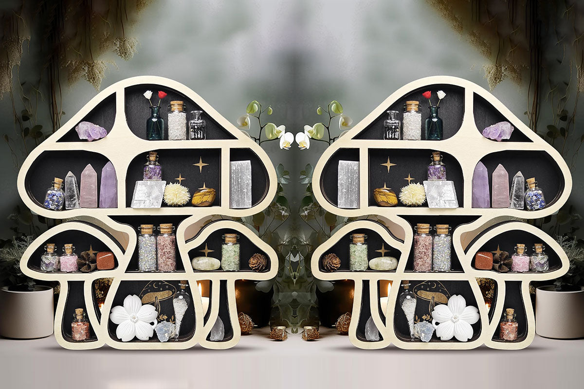 Wooden Shelf Halloween Crystal Display Shelf Decor-Mushroom