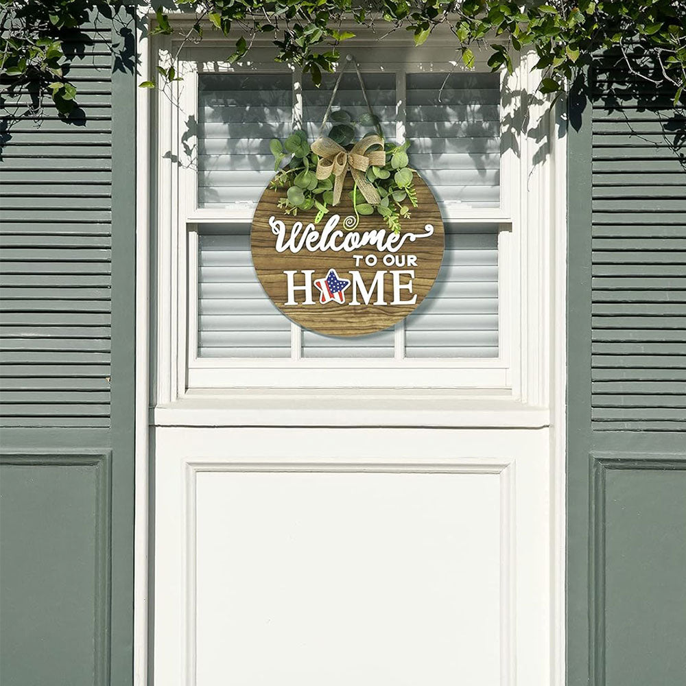 Interchangeable Seasonal Welcome Sign Round Wood Wreaths Hanging Decoration for Outdoor Porch