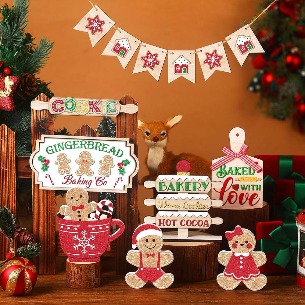 13Pcs Christmas Wooden Sign for Tiered Tray Gingerbread Man Xmas Tabletop Signs Decor