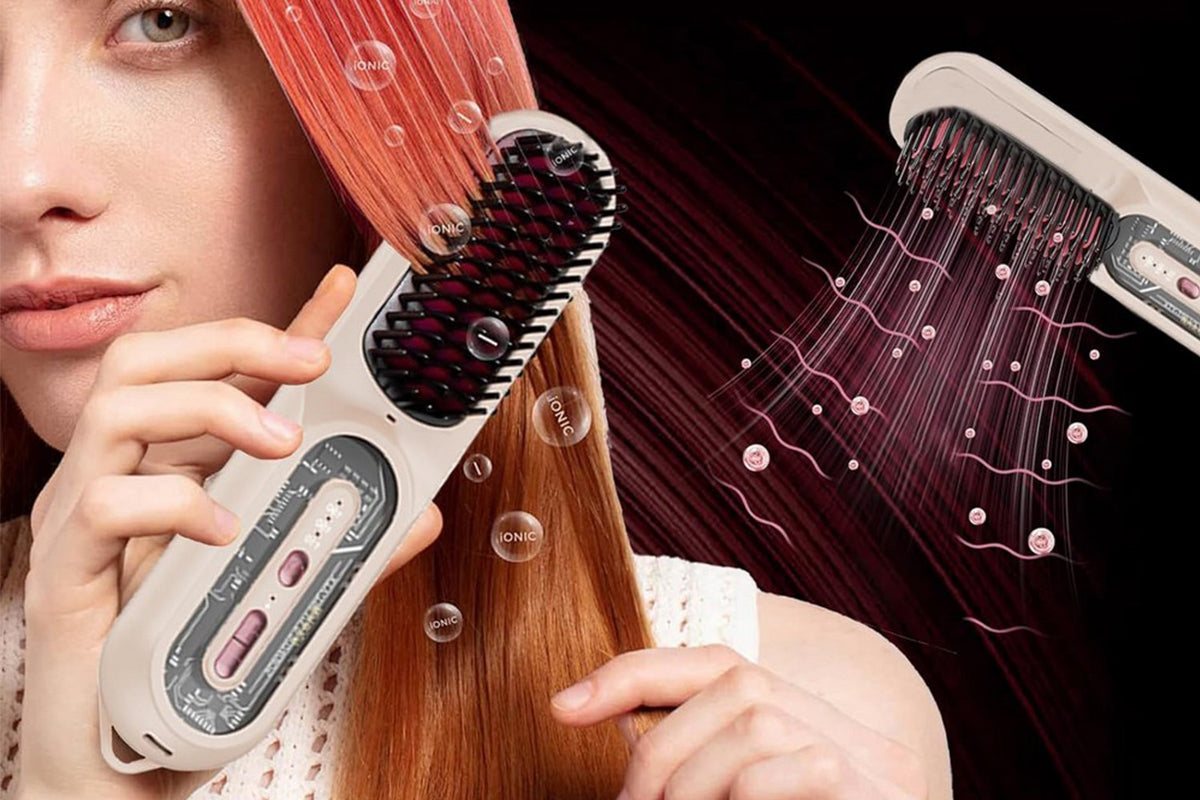 2-in-1 Ionic Hair Straightener Brush with Anti-Scald Ceramic Straightening Brush -Sakura Pink