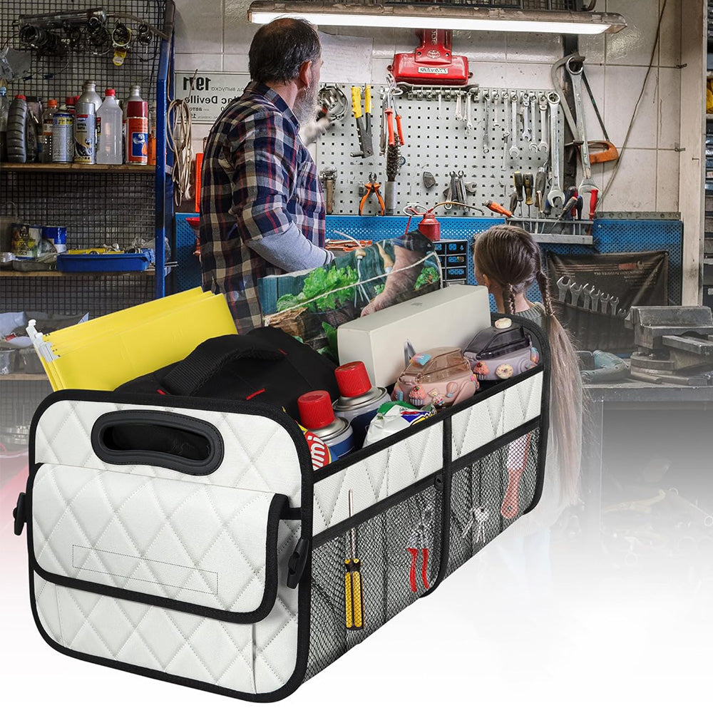 55L Foldable Car Trunk Organzier 6-Pocket Storage Box for Home Car Office White