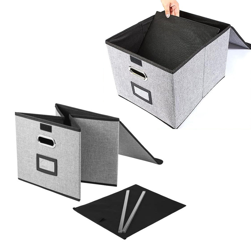 Collapsible File Organizer Box with Lid Folder Storage for Office Documents Grey
