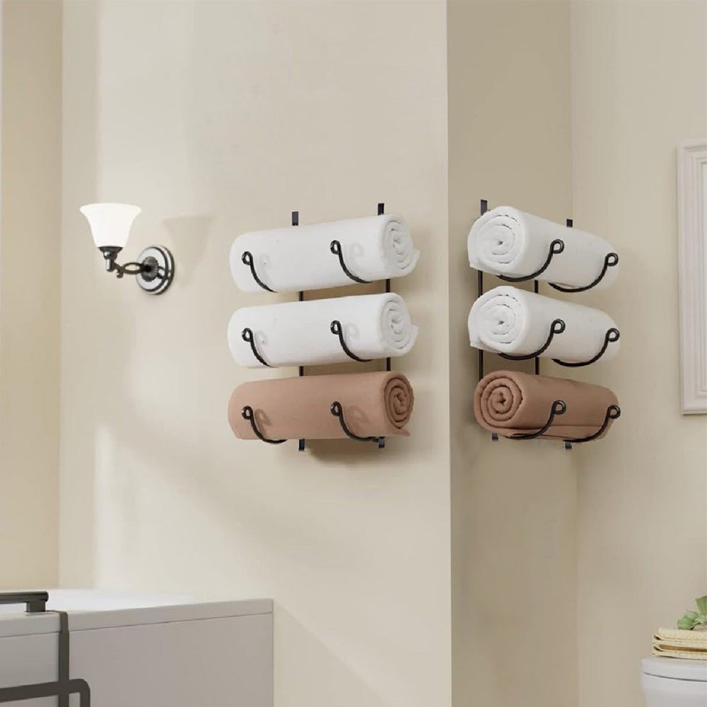 3-Tier Iron Wall-Mounted Bathroom Towel Rack - Black