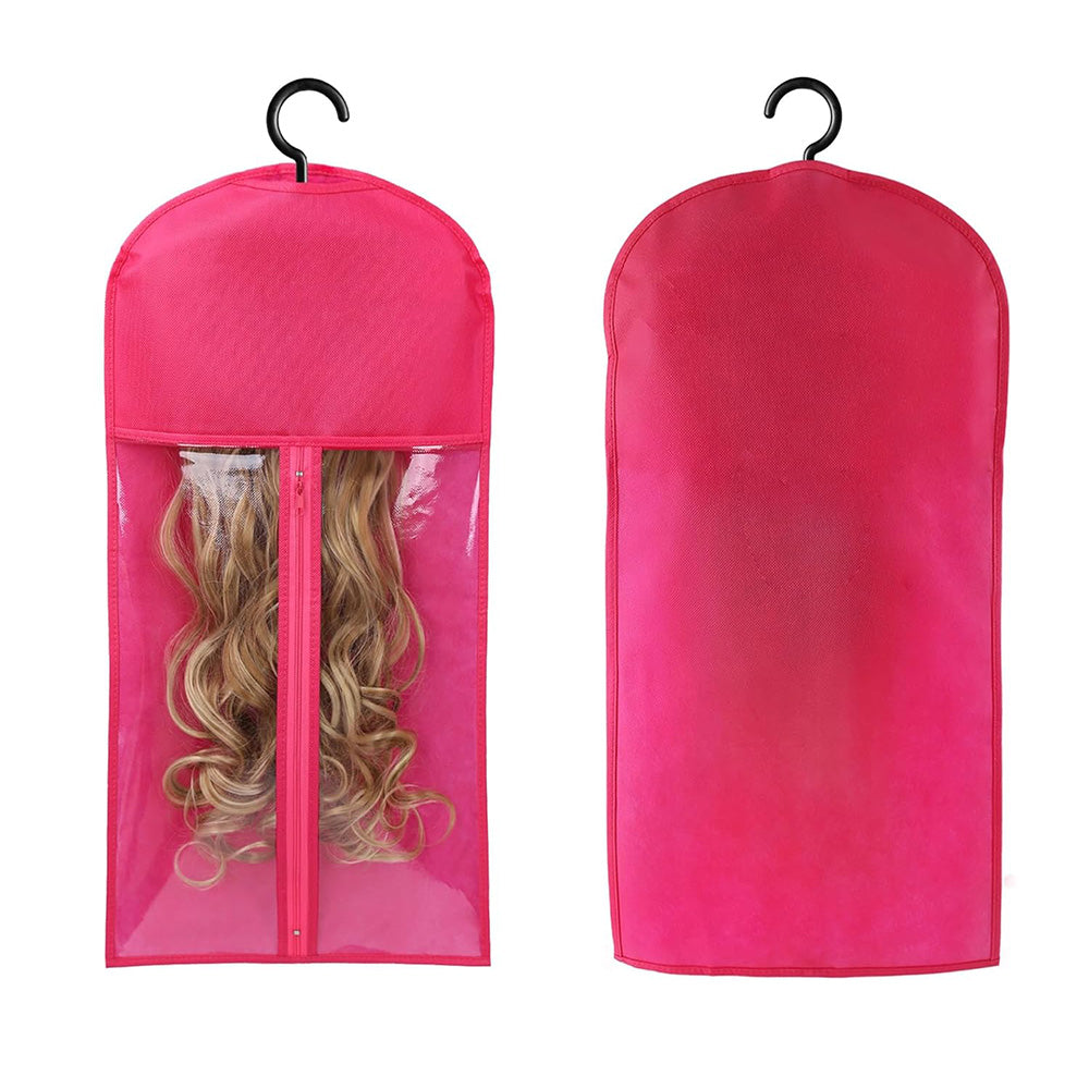 3Pcs Hair Extension Storage Bags with Hangers Dustproof Non-Woven Fake Hair Organizer Rose Red