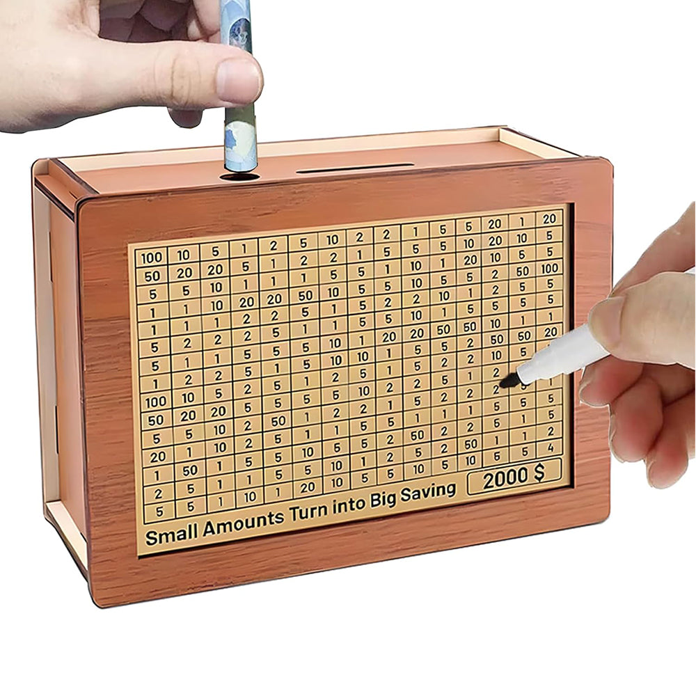 Wooden Money Saving Challenge Box Cash Savings Box with 8 Replaced Amounts Stickers