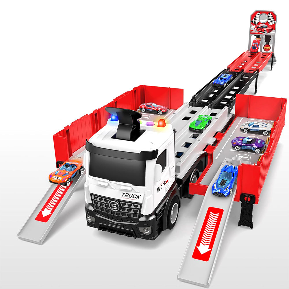 Transform Carrier Truck Race Track Toys with 8 Mini Race Cars Red