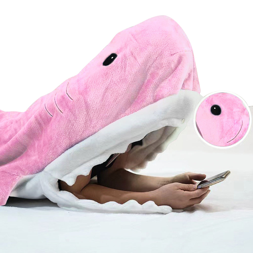 Pink Shark Hoodie Blanket Hooded Blanket Flannel Wearable Adult Throw Blanket
