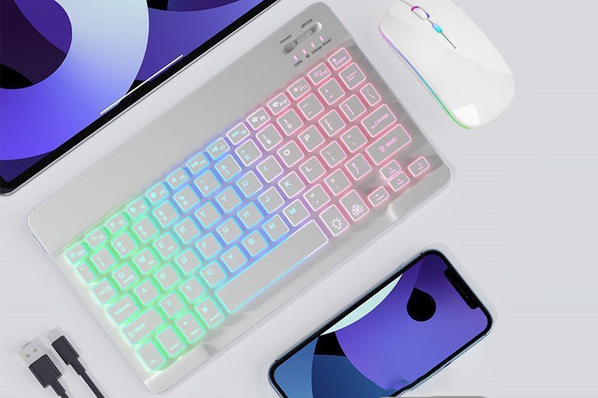 Ultra thin Bluetooth Keyboard and Mouse Combo for iPad Rechargeable RGB Wireless Keyboard Mouse 7-Color Backlit-White