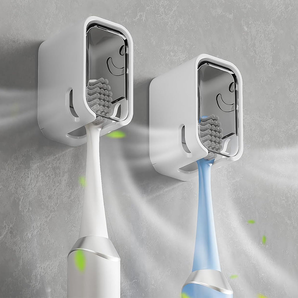 2PCS Wall-Mounted Toothbrush Holders with Cover Shower Tooth Brush Storage Grey