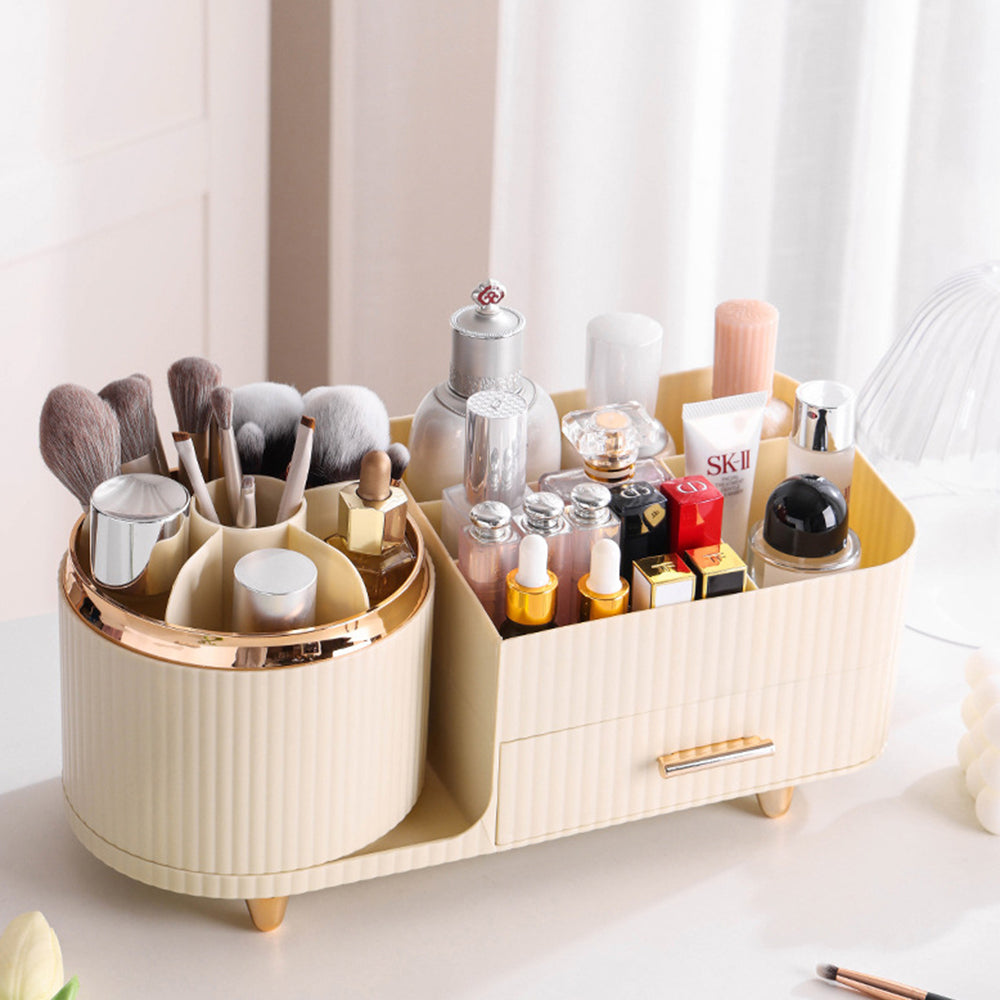 Rotating Makeup Organizer for Vanity with Brush Holder and Drawer Spinning Cosmetic Storage Case Beige