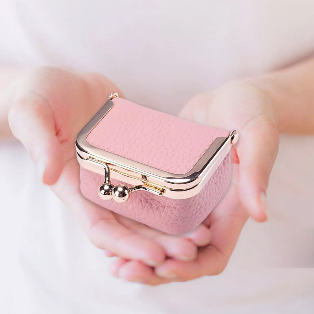 Mini Genuine Leather Jewelry Box Portable Vintage-Inspired Jewelry Case with Kiss Lock for Earring Ring Pink