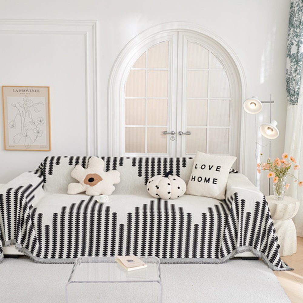 Reversible Sofa Couch Cover Boho Chenille Blanket Black