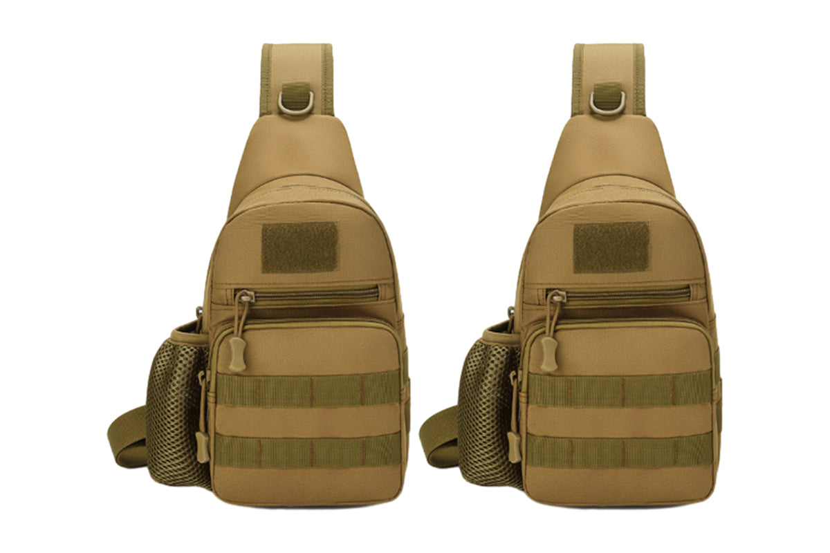 2Pcs Tactical Sling Bag Pack With Water Bottle Holder Shoulder Messenger Bag-Brown