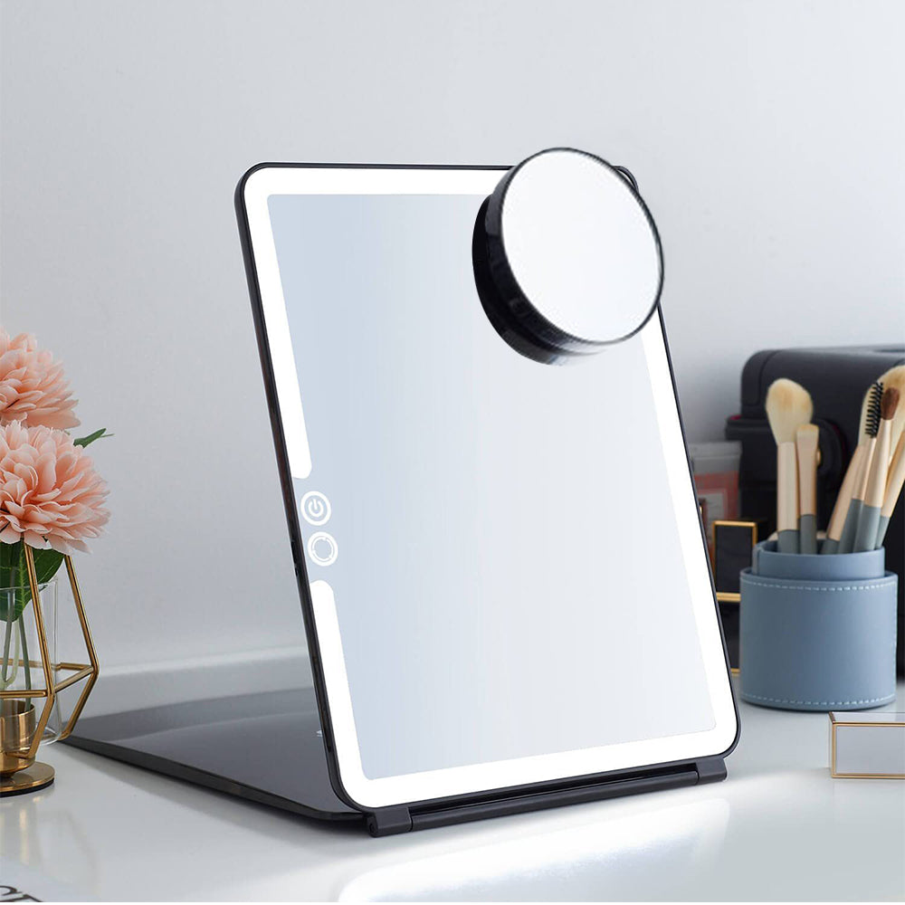 Dimming Folding Lighted Makeup Mirror Rechargeable Vanity Mirror with 10X Magnifying Mirror Black