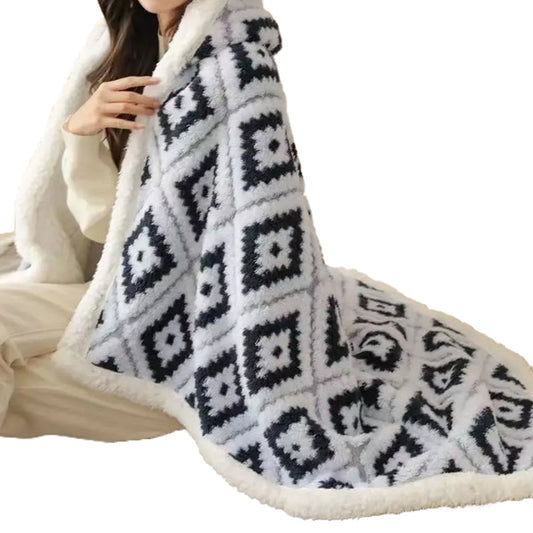 Winter Warm Blanket Jacquard Thickened Multi-Functional Blanket with Hood and Gloves Black