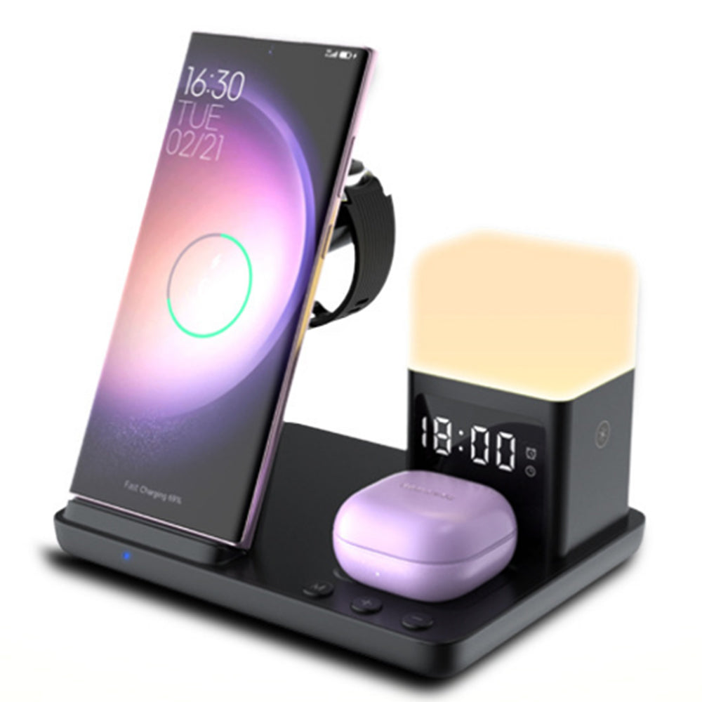Wireless Charging Station with Alarm Clock Night Light 6-in-1 Charging Dock for Smartphone/Watch/Earbuds