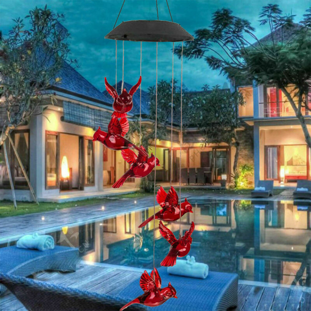 Solar Powered LED Cardinal Bird Wind Chime Color-Changing Light Yard Decor