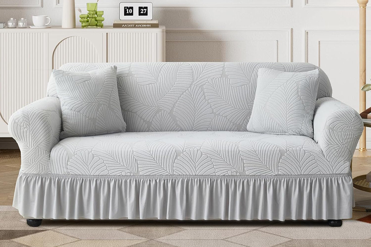 Sofa Cover with Skirt Stretch Sofa Slipcover Non-Slip Soft Couch Cover -Light Grey