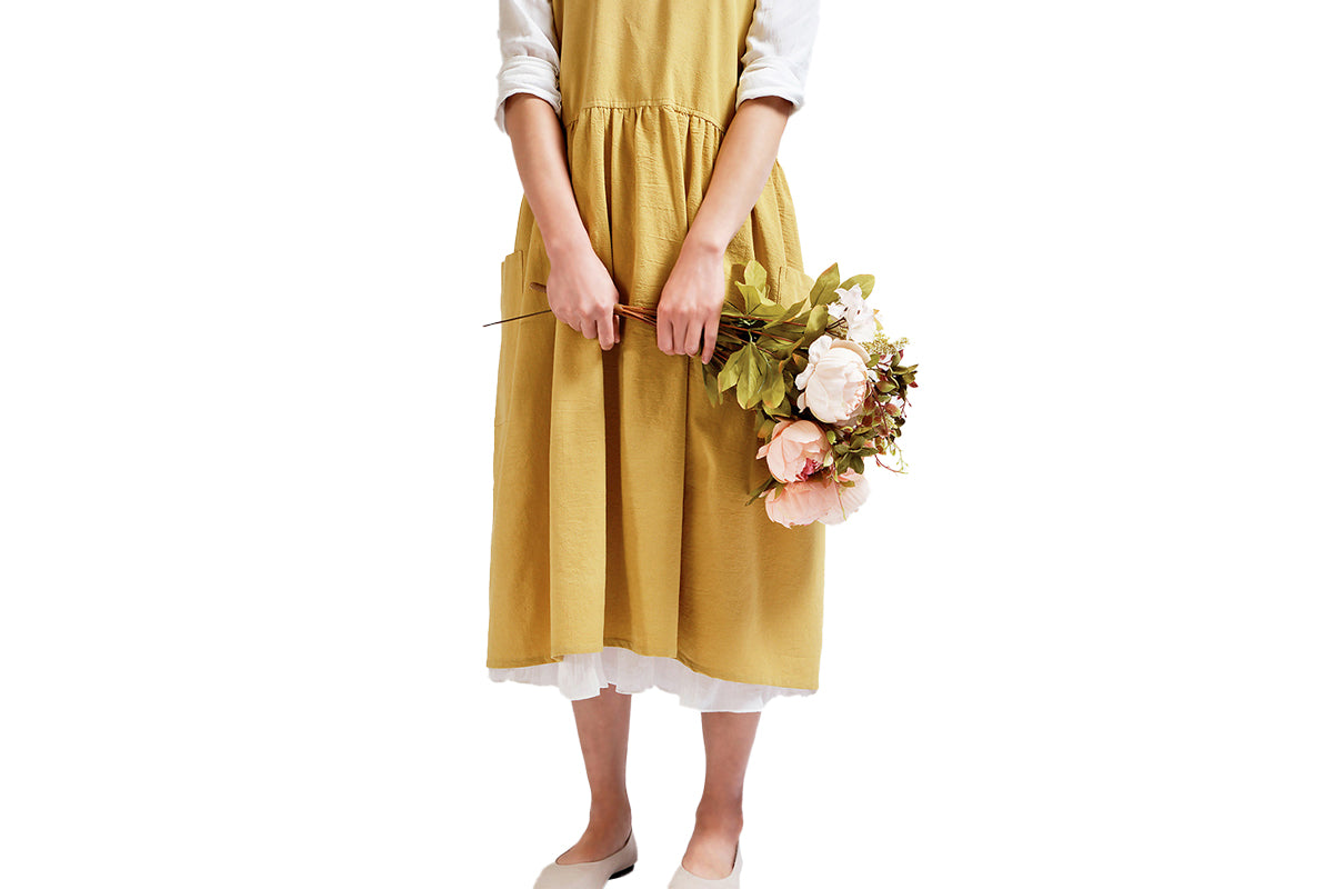 Cotton Linen Aprons Cross Back Apron with Pockets for Women with Pockets Pinafore Dress for Baking Cooking-Yellow