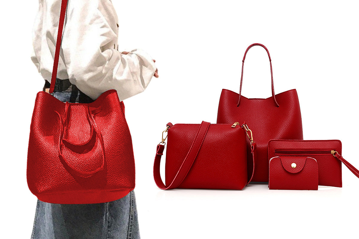 4 Pack Women Soft PU Leather Top Handle Bags Set-Red