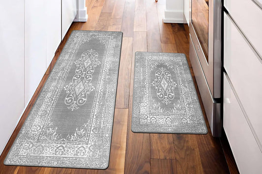 2Pcs Boho Anti-Fatigue Kitchen Mats Non-Slip Cushioned for Kitchen Sink Laundry -Gray