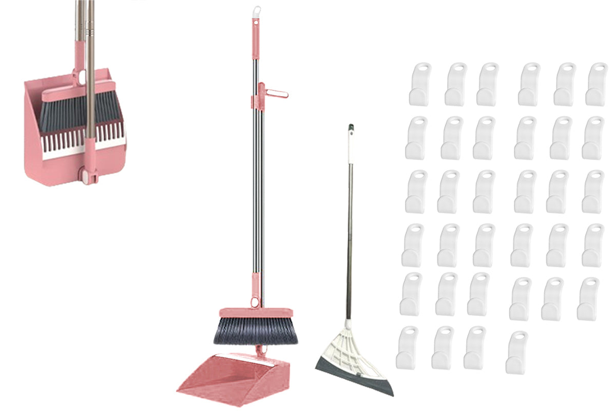 Broom With Foldable Standing Dustpan And Scraper Broom For Cleaning-Pink