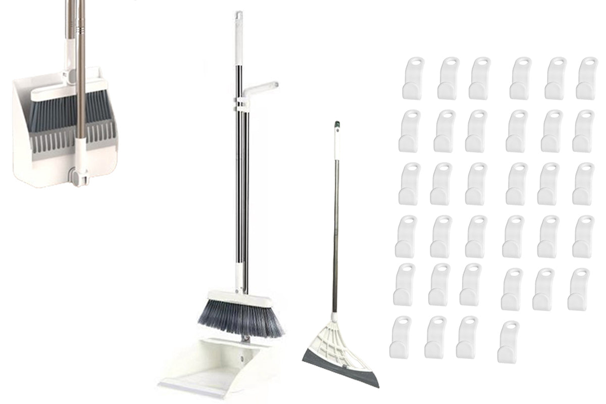 Broom With Foldable Standing Dustpan And Scraper Broom For Cleaning-White