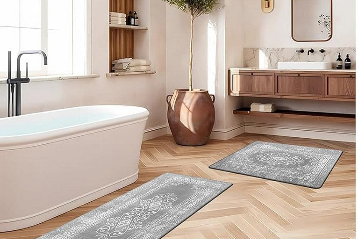 2Pcs Boho Anti-Fatigue Kitchen Mats Non-Slip Cushioned for Kitchen Sink Laundry -Gray