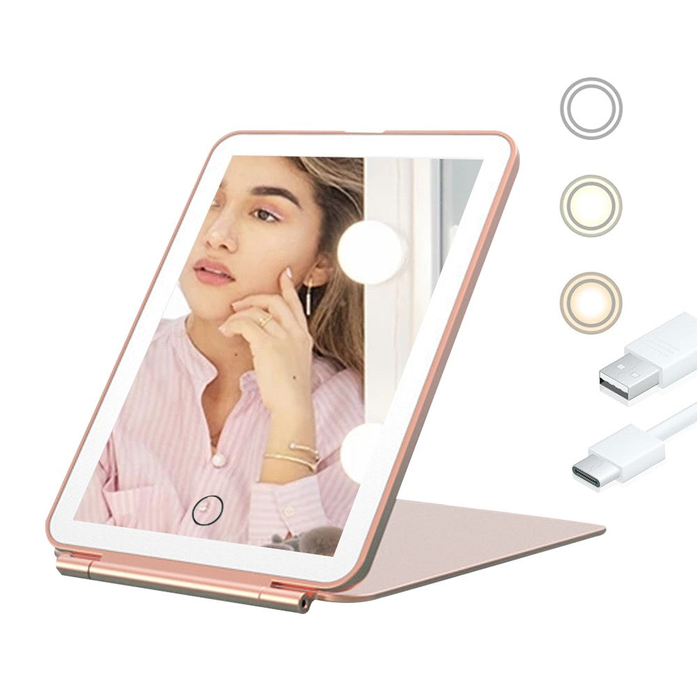 USB Rechargeable Makeup Mirror Portable Dimmable Vanity Mirror with 3 Light Colors Pink