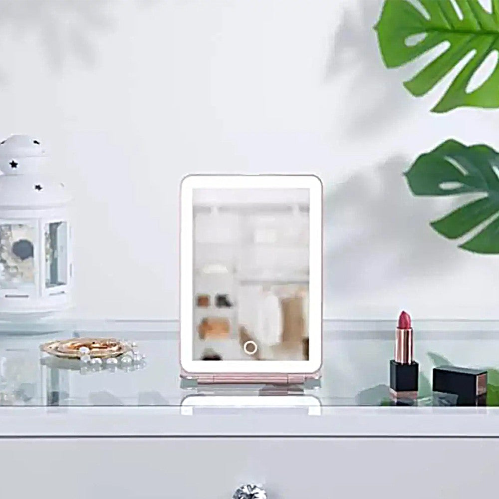 USB Rechargeable Makeup Mirror Portable Dimmable Vanity Mirror with 3 Light Colors Pink