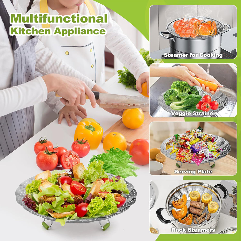 2Pcs Stainless Steel Steamer Tray Mesh Vegetable Basket with Removable Handle
