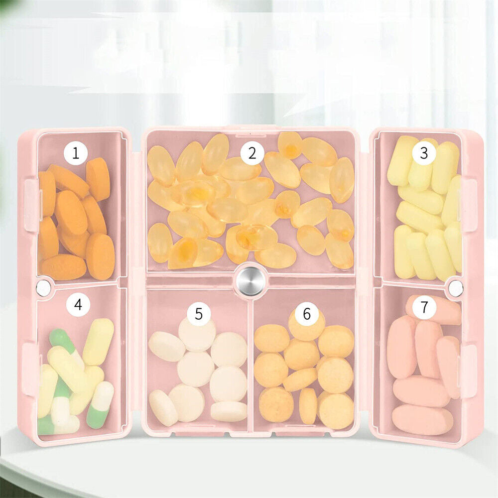 7-Compartment Folding Pill Case Portable Travel Daily Pill Organizer Pink