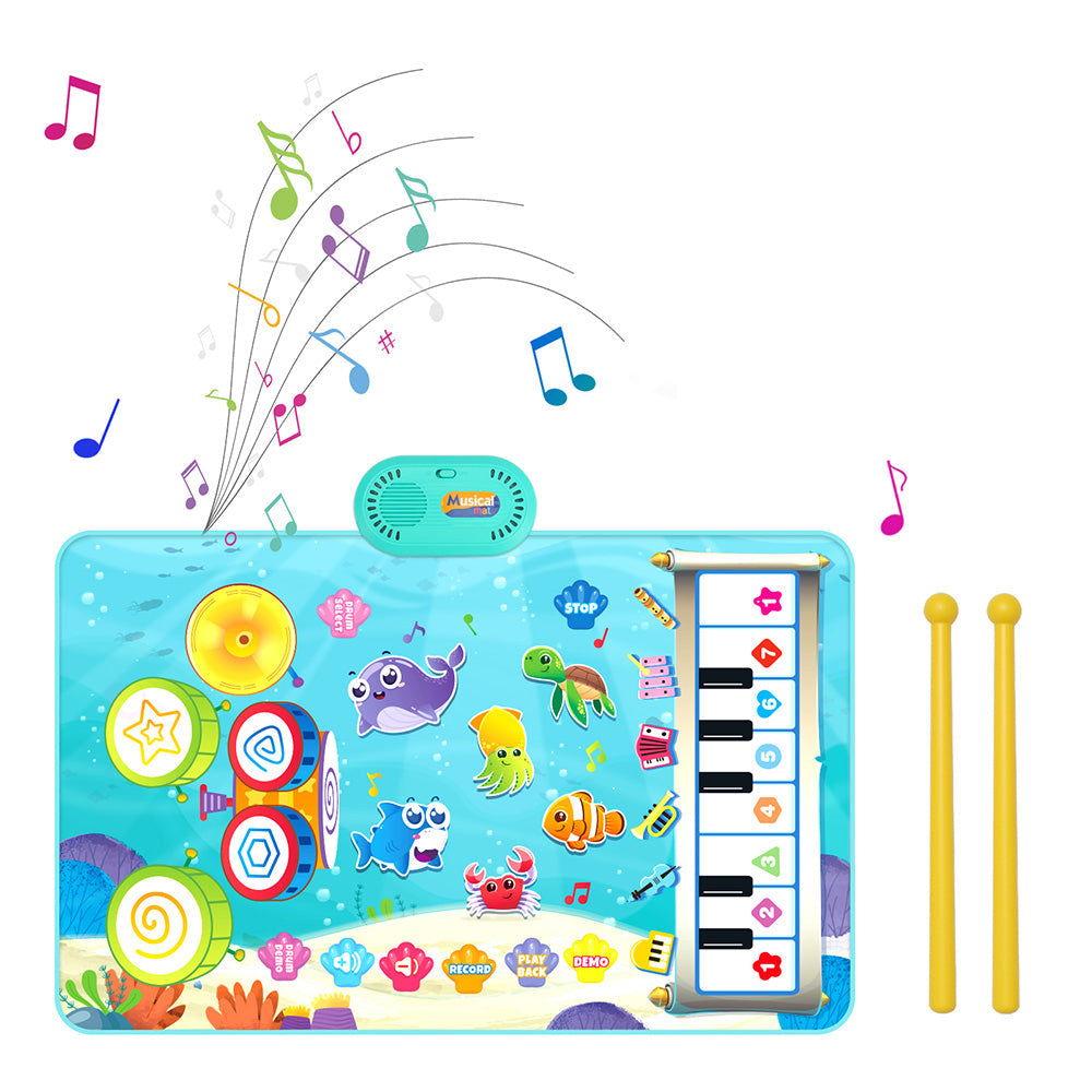2-in-1 Piano Drum Mat Music Touch Music Mat Toys with 6 Instrument Sounds for Kids Blue