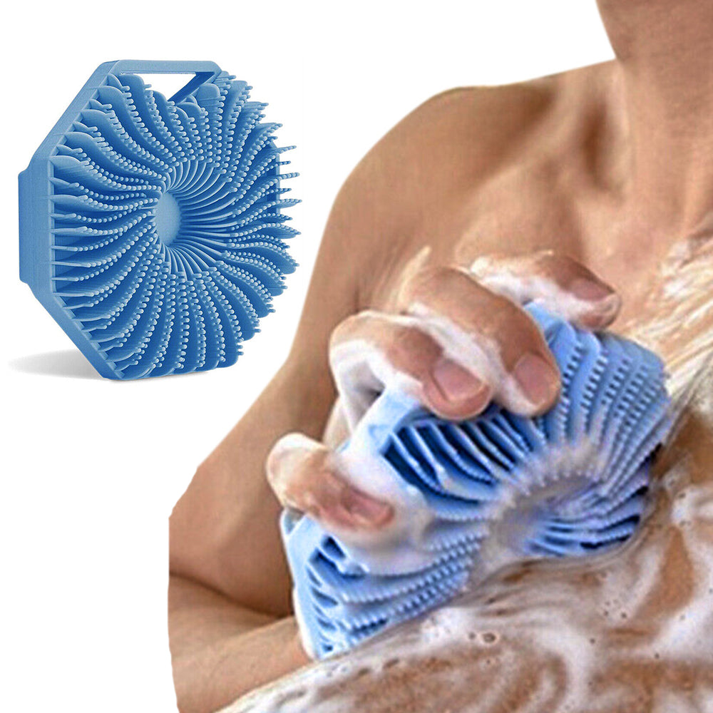Silicone Body Scrubber Exfoliating Shower Brush with Anti-Slippery Handles Bathing Tool Blue