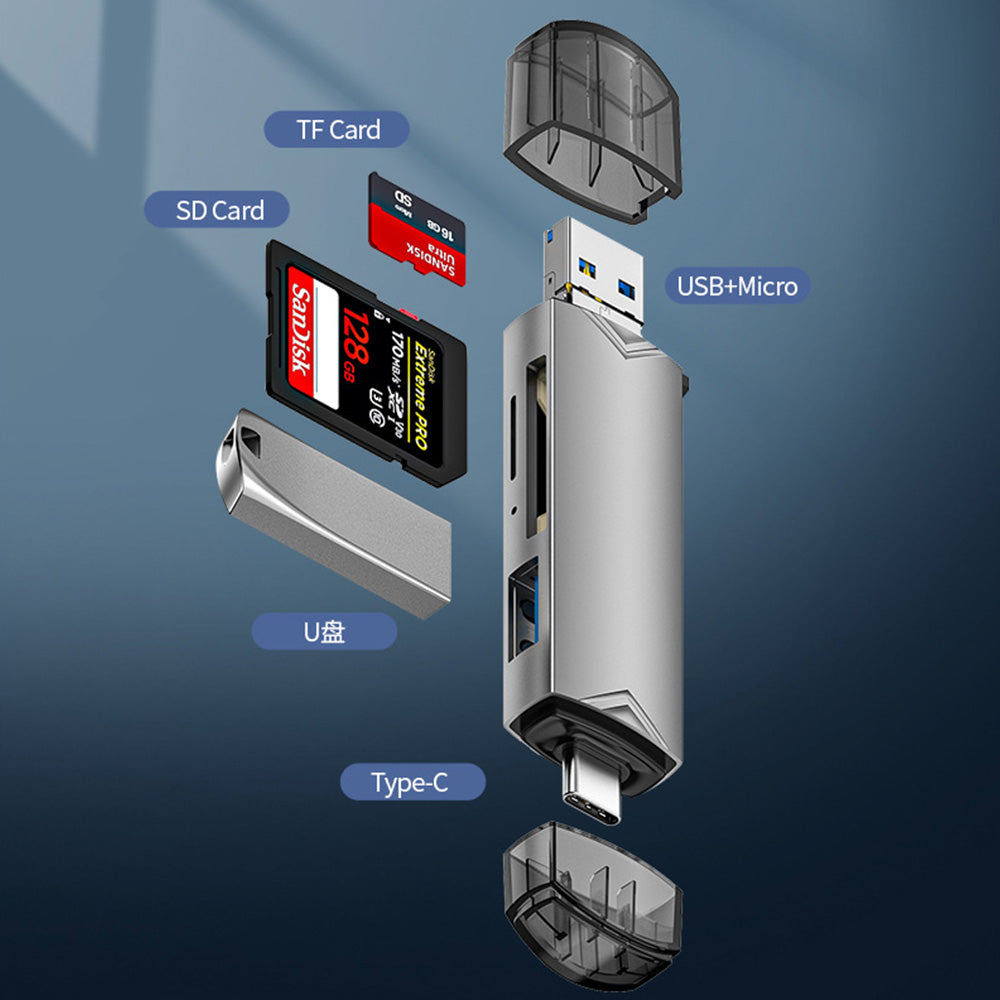 6-in-1 SD TF Card Reader Multifunctional USB 3.0 Micro USB Flash Drive Adapter Grey