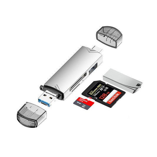 6-in-1 SD TF Card Reader Multifunctional USB 3.0 Micro USB Flash Drive Adapter Silver