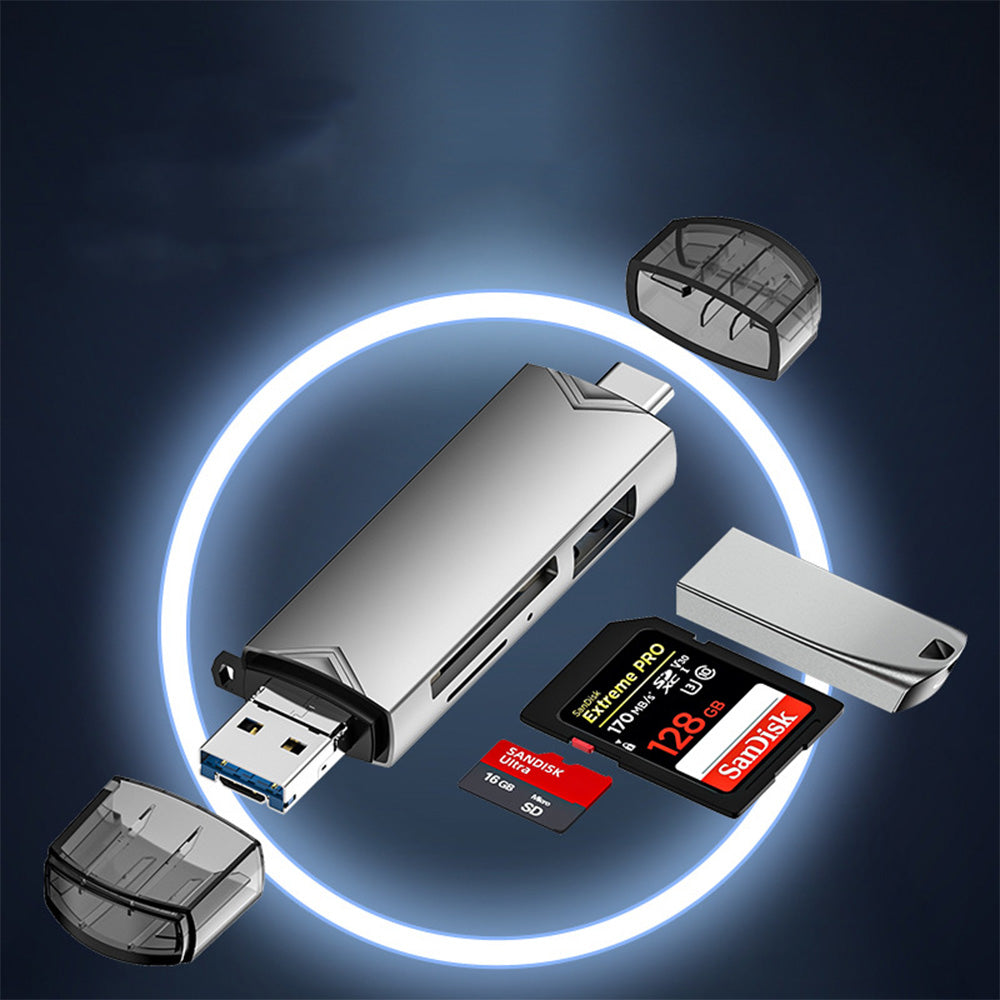 6-in-1 SD TF Card Reader Multifunctional USB 3.0 Micro USB Flash Drive Adapter Silver
