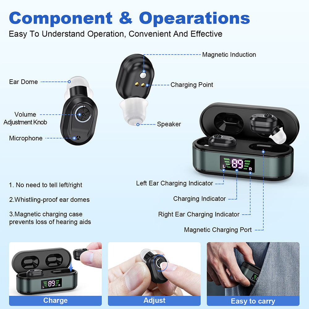 Digital In-Ear Hearing Aids Rechargeable Sound Amplifier for Seniors Hearing Loss Black