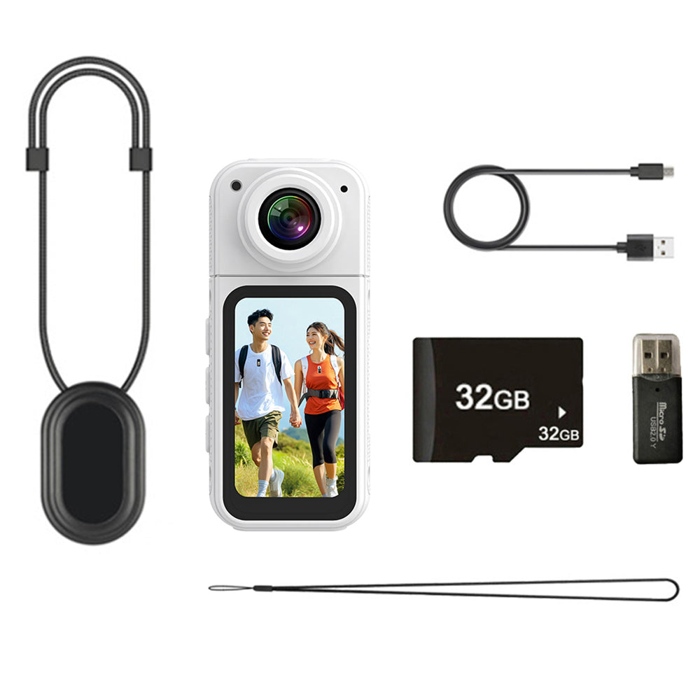 2K Thumb Action Camera Mini Body Camera 180-Degree Rotating Camcorder for Cycling Motorcycle Sports Vlogging White