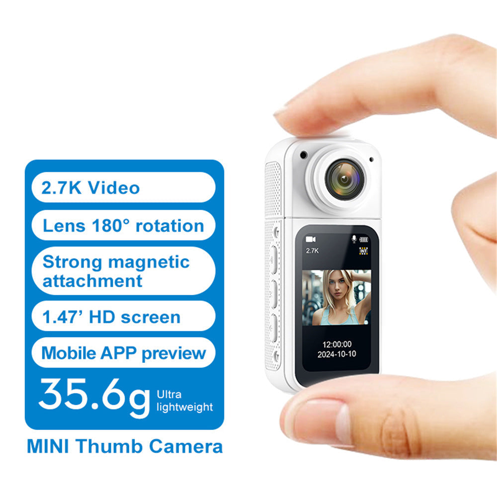 2K Thumb Action Camera Mini Body Camera 180-Degree Rotating Camcorder for Cycling Motorcycle Sports Vlogging White